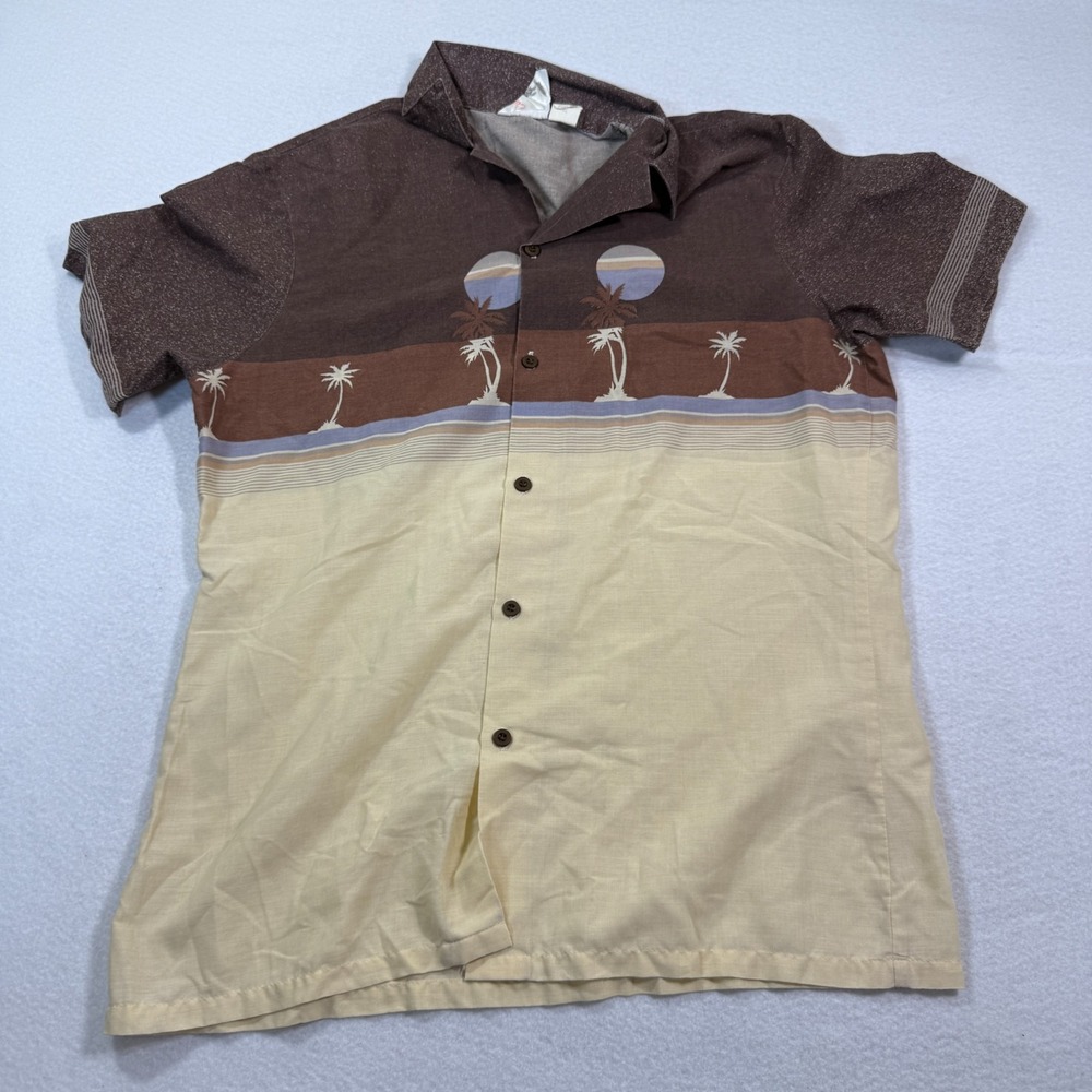Coral Palms‎ Shirt Men L Brown Beige Palm Tree Sunset Aloha Button Hawaiian VTG